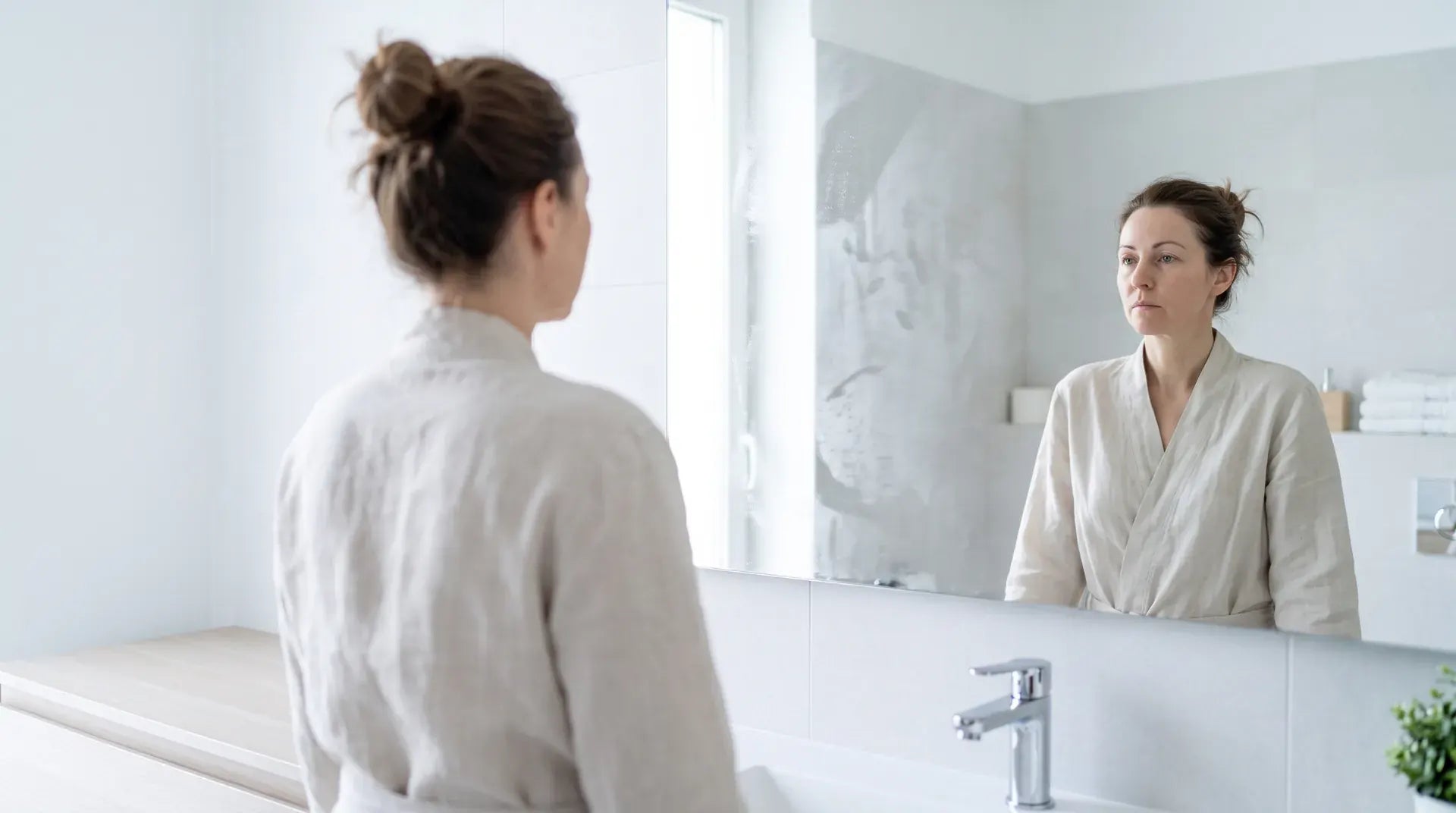 Une femme d'une cinquantaine d'années devant le miroir de sa salle de bains au petit matin, en peignoir.