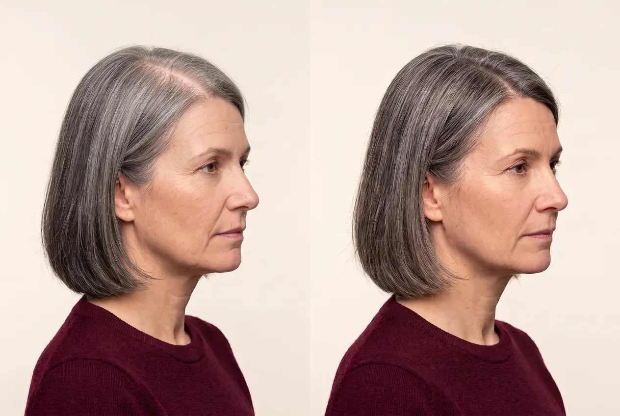 Vue de profil, le sommet du crâne avant et après