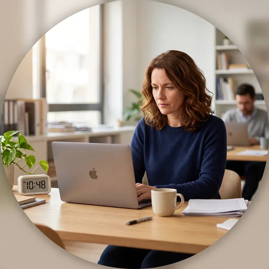 Une femme travaille à son bureau en fin de matinée, le regard fixe sur son écran.
