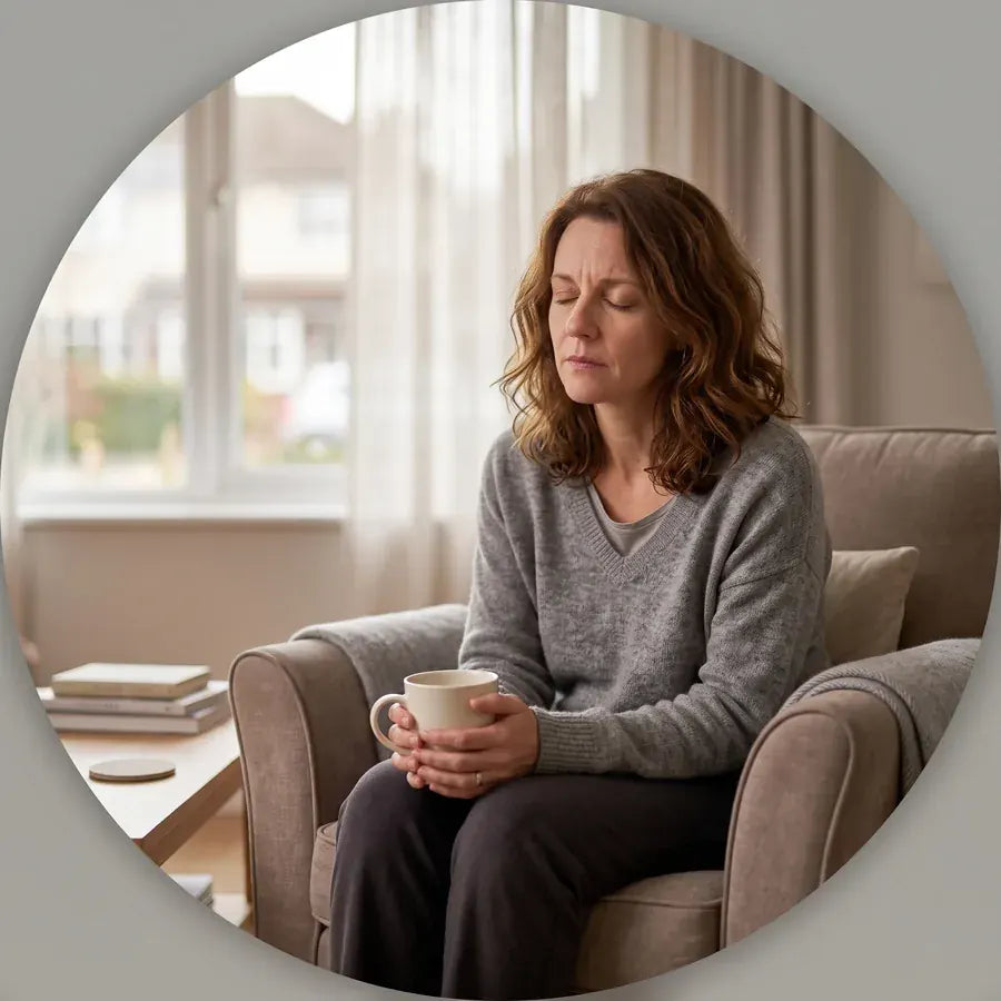 La même femme dans un fauteuil en fin d'après-midi, les yeux fermés, une tasse entre les mains.