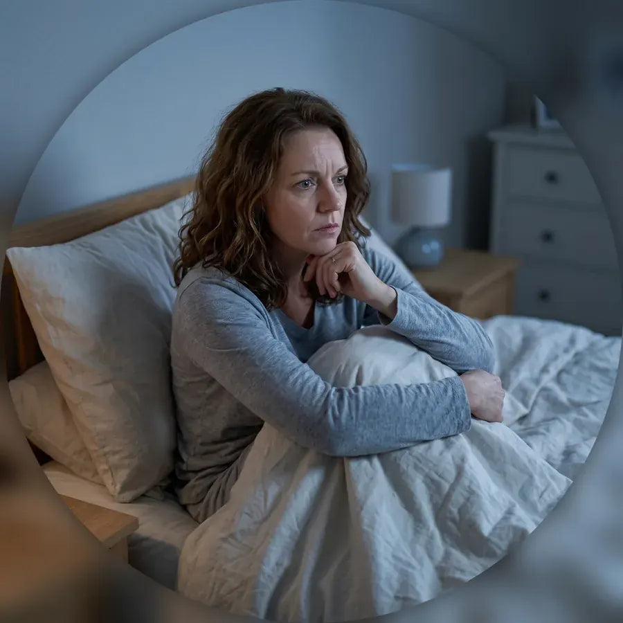 La même femme assise dans son lit au milieu de la nuit, réveillée, dans la lumière bleue de la chambre.