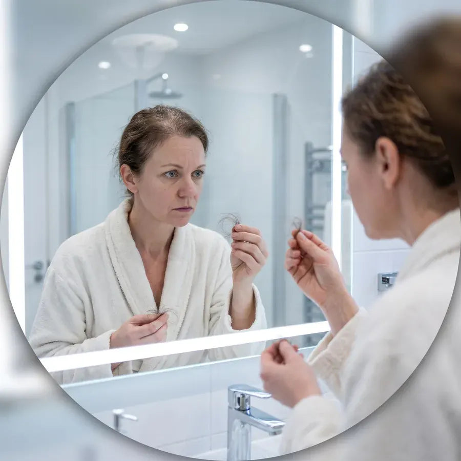 La même femme devant le miroir de sa salle de bains, examinant des cheveux tombés dans sa main.