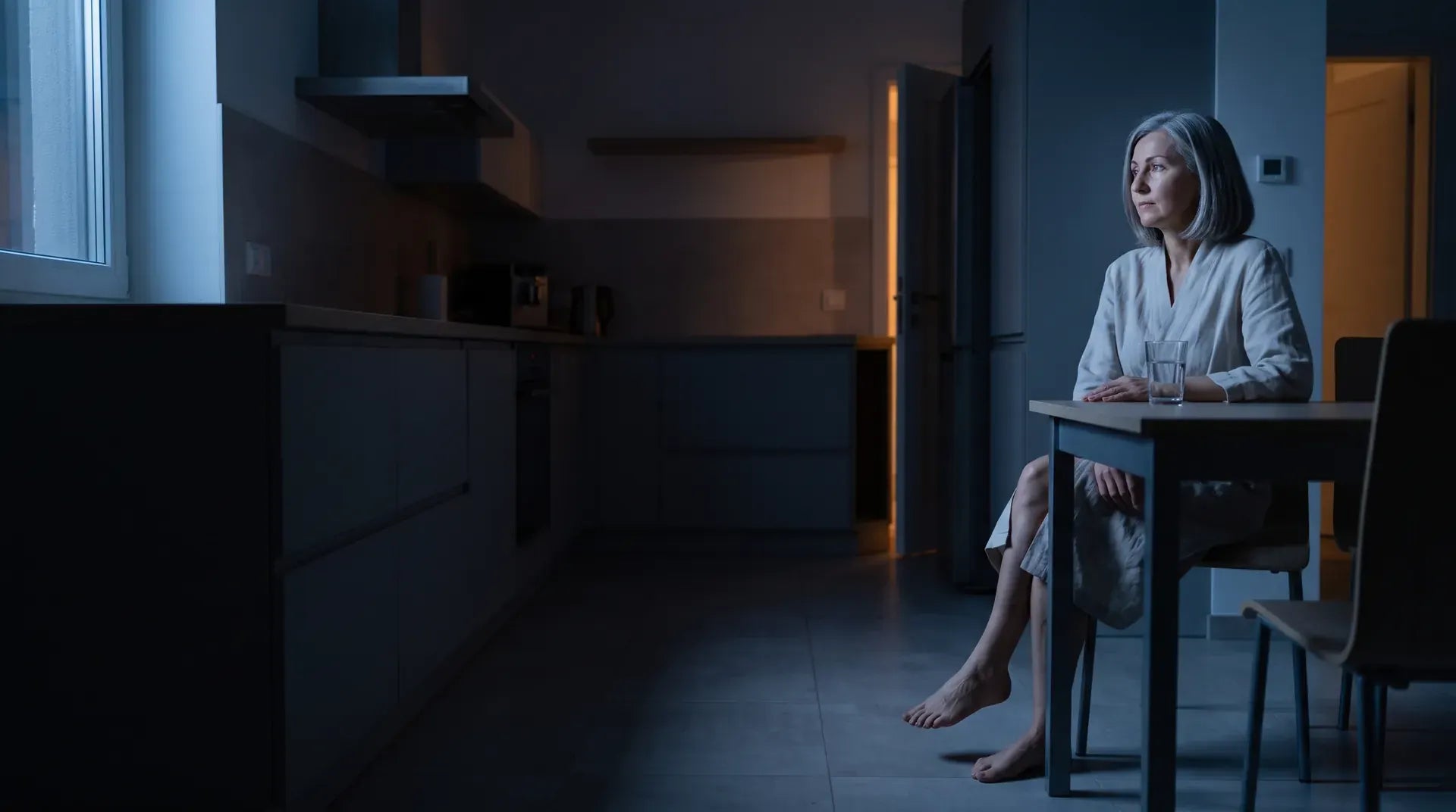 Une femme aux cheveux gris assise à la table de sa cuisine au milieu de la nuit, un verre d'eau devant elle.